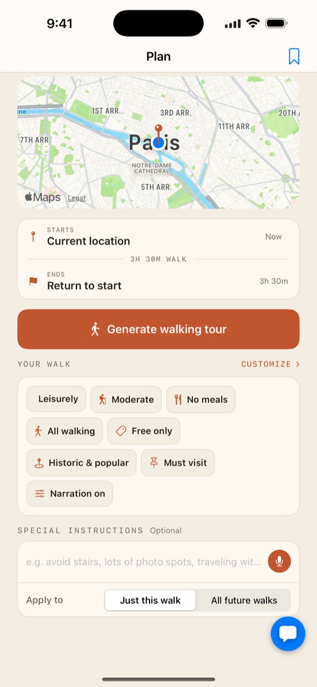 The Plan screen: choose a start point, time budget, pace, and preferences
