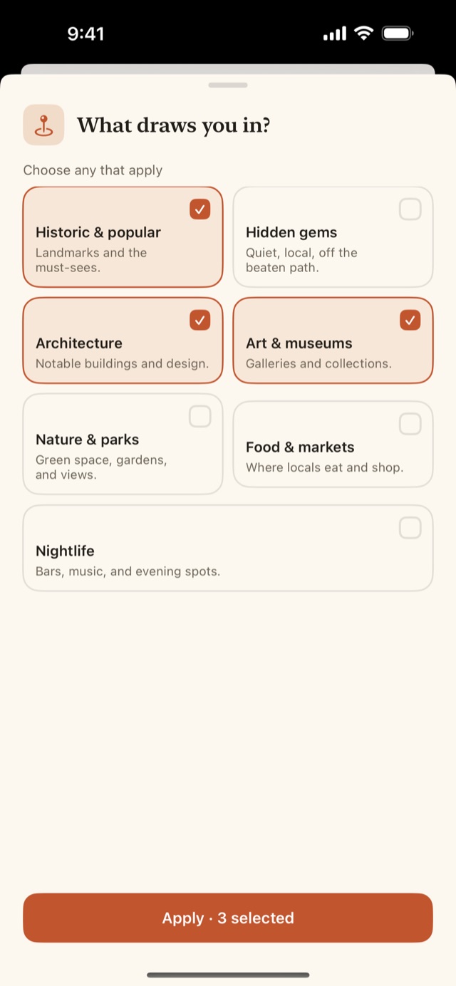 The interests picker: historic and popular, attractions, architecture, art and museums, nature, food, nightlife