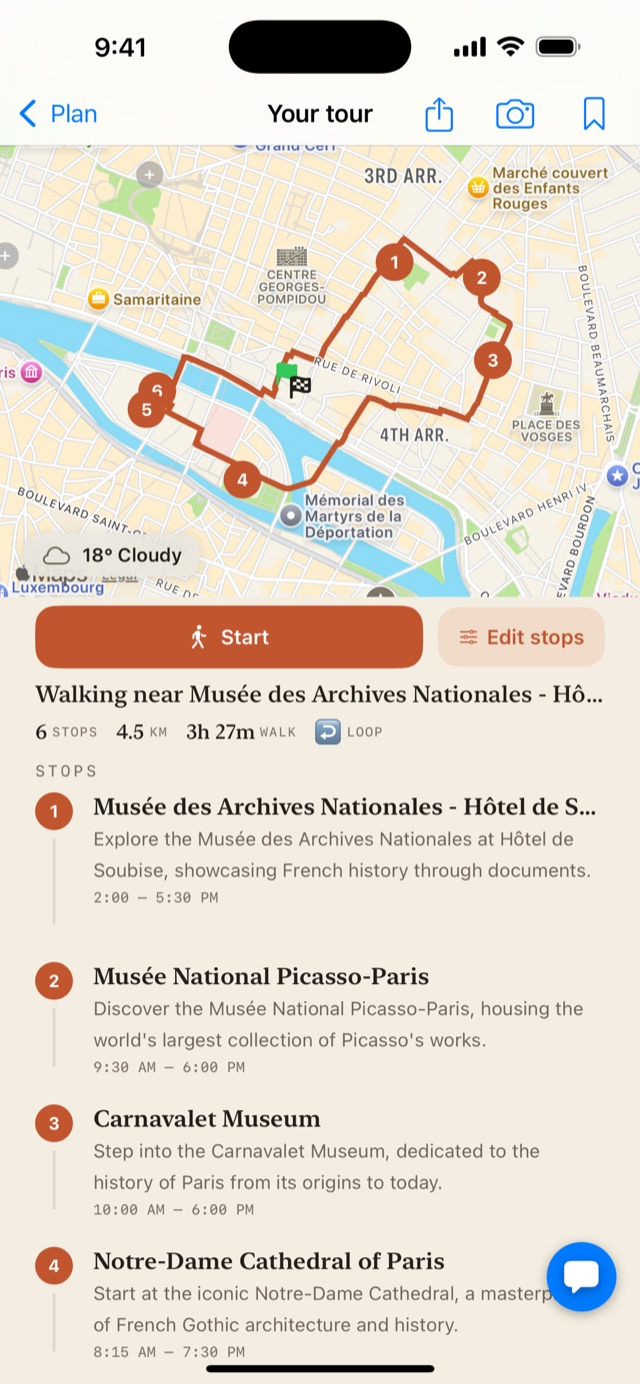 A generated Wendari walking tour in Paris: a looped route on the map with six numbered stops and their stories