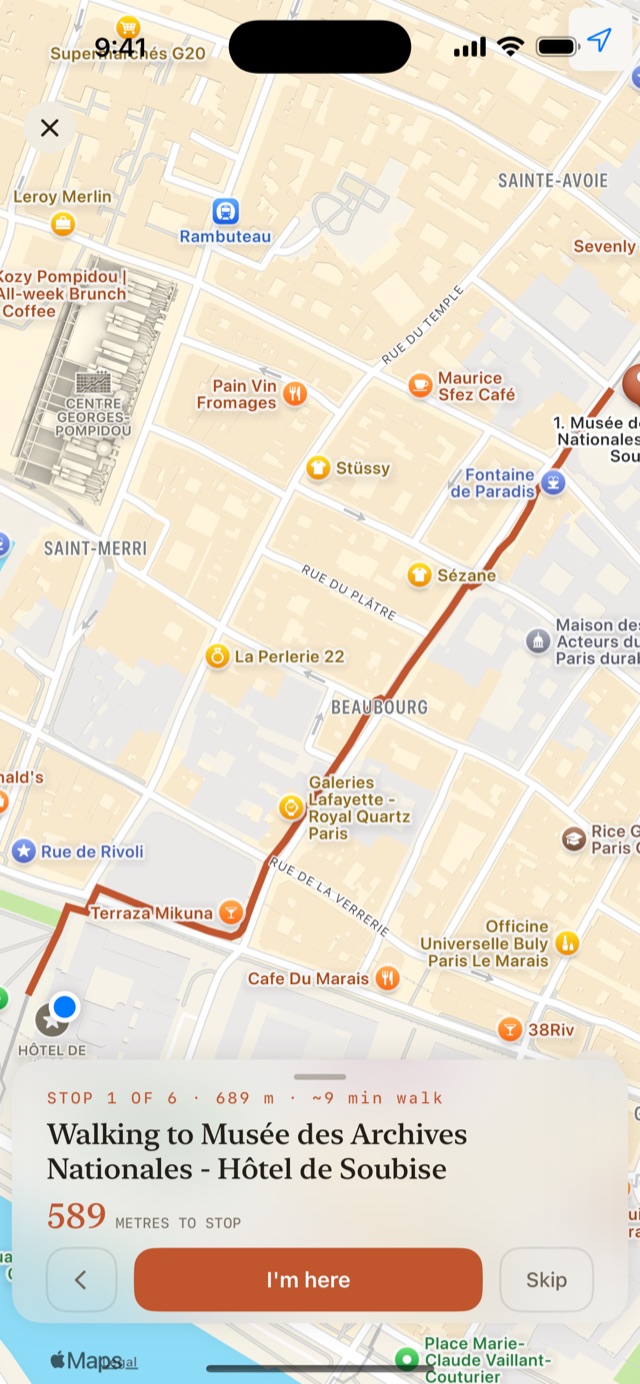 Turn-by-turn walking navigation with live distance to the next stop