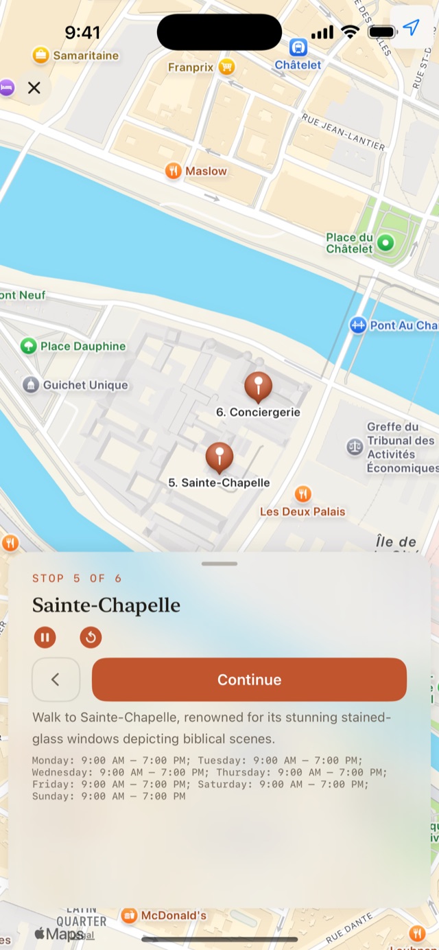 Arriving at Sainte-Chapelle: the stop's story is narrated aloud with opening hours shown